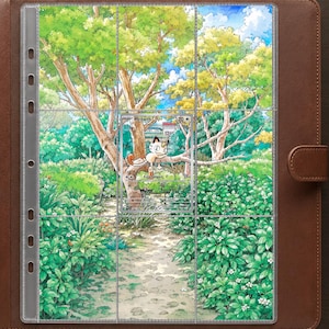 May include: A brown leather binder containing a clear plastic trading card page. A single Meowth trading card is inserted into the center pocket, featuring a cartoon cat character resting on a tree branch within a lush, green forest landscape.