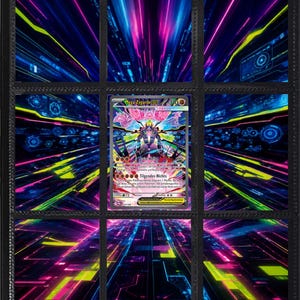 Puede incluir: Una carta coleccionable con Mega-Zygarde EX centrada en una página de carpeta negra. La carta muestra una ilustración de personaje colorida y detallada con texto en alemán. Los bolsillos circundantes contienen un fondo digital con temática de neón.