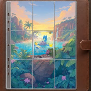 Könnte beinhalten: Ein brauner Sammelkartenordner aus Leder mit einer transparenten Seite mit neun Fächern. Eine einzelne Lapras-Pokémon-Karte steckt im mittleren Fach und zeigt eine tropische Landschaft mit einem Wasserfall und üppigem grünem Blattwerk.
