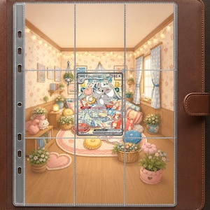 May include: A brown leather binder containing a clear plastic nine-pocket trading card page. A single Cinccino Pokémon card is inserted into the center pocket, featuring a detailed illustration of a room with floral wallpaper and potted plants.