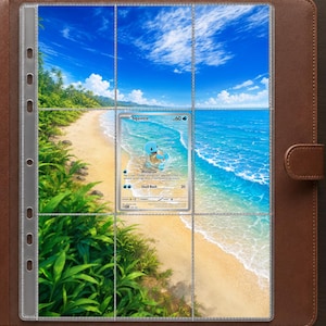 May include: A brown leather-textured binder containing a clear plastic nine-pocket trading card page. The page features a panoramic beach scene with blue water and green foliage, with a single Squirtle trading card placed in the centre slot.