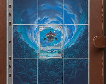 May include: A brown leather-bound trading card binder featuring a clear plastic nine-pocket page insert. A single Claydol trading card is placed in the center pocket, set against a background illustration of a dark blue, swirling sky and grass.