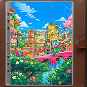 May include: A brown leather binder containing a clear plastic nine-pocket trading card page. The page features a vibrant, colourful illustration of a city scene with a blue sky, pink cherry blossoms, a red bridge, and a teal truck. A Morpeko card is centred.