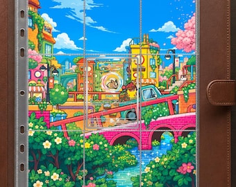 May include: A brown leather binder containing a clear plastic nine-pocket trading card page. The page features a vibrant, colorful illustration of a city scene with a blue sky, pink cherry blossoms, a red bridge, and a teal truck. A Morpeko card is centered.
