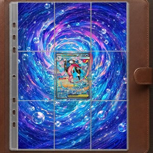 May include: A brown leather-look trading card binder featuring a nine-pocket clear plastic page insert. The page displays a vibrant blue and purple swirling galaxy background with floating bubbles, containing a single Mega Greninja EX card.