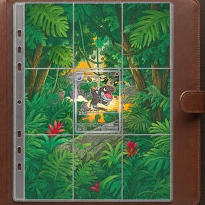 May include: A brown leather binder containing a clear plastic trading card page with nine pockets. A single Tyrunt Pokémon card is inserted into the center pocket, set against a vibrant green jungle background illustration with tropical plants.