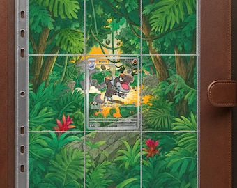May include: A brown leather binder containing a clear plastic trading card page with nine pockets. A single Tyrunt Pokémon card is inserted into the center pocket, set against a vibrant green jungle background illustration with tropical plants.