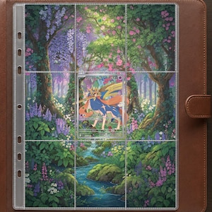 Könnte beinhalten: Ein brauner Sammelkartenordner aus Leder mit einer transparenten Kunststoffseite mit neun Fächern. Die Seite zeigt eine Waldillustration mit Bach und Blumen, wobei eine Zacian-Sammelkarte mit 130 KP in der Mitte platziert ist.