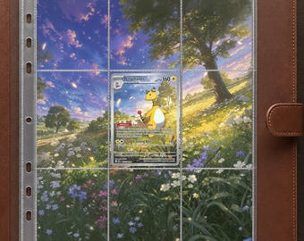 May include: A brown leather-bound trading card binder containing a clear plastic nine-pocket page. A single Ampharos Pokémon card is inserted into the center pocket, featuring a yellow character standing in a vibrant meadow with a large tree.