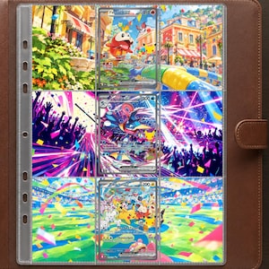 May include: A brown leather binder containing nine clear plastic pockets, with three Pokémon trading cards displayed in the center column. The cards feature Fuecoco ex, Greninja ex, and Pikachu ex, each showcasing vibrant, colorful illustrations of characters in festive, action-packed settings.