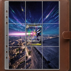 May include: A brown leather binder containing a clear plastic trading card page. A single Mega Starmie GX trading card is inserted in the center slot, featuring a dark purple star-shaped creature against a night sky and city landscape background.