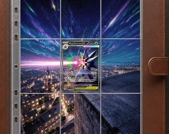 May include: A brown leather binder containing a clear plastic trading card page. A single Mega Starmie GX trading card is inserted in the centre slot, featuring a dark purple star-shaped creature against a night sky and city landscape background.