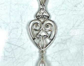 Our Silver Antique Style Scroll Wire Work Pendant with Teardrop Pearl Accent