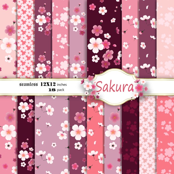 Red sakura digital seamless patterns set, cherry blossoms, deep reds, peach, and eggplant colors, scrapbook, commercial use