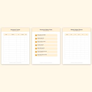 May include: Three printable planner sheets with a light cream background. The first is a Homework Tracker, the second lists Homework Station Rules with seven numbered steps, and the third is a Weekly Subject Planner with a grid for daily tasks.