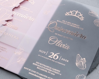 Acrylic Quinceañera Invitation, Sweet 16 Invitations, Crown Design, Flowers Butterflies, Personalized Invites, Modern Acrylic Card