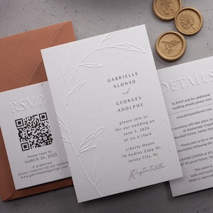 Embossed Wedding Invitation with Leaves and Terracotta Envelope, Minimal Rustic Embossed Invite