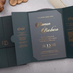 Acrylic Wedding Invitation with Gatefold Jacket, Dark Green and Gold Acrylic Invites, Trifold Wedding Invite with QR Code RSVP and Details