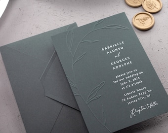 Dark Green Embossed Wedding Invitation with Leaves and Dark Green Envelope, Minimal Rustic Embossed Invite