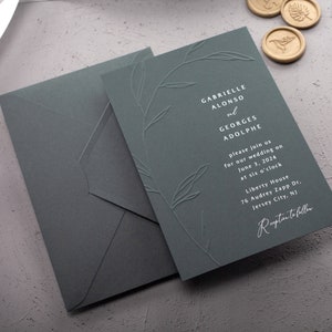 Dark Green Embossed Wedding Invitation with Leaves and Dark Green Envelope, Minimal Rustic Embossed Invite