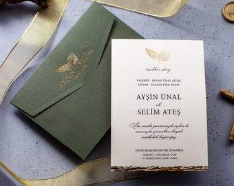 Green and Gold Wedding Invitation, Gold Foil Printed Elegant Wedding Invite, Sage Green Envelope, Invitation with Leaves