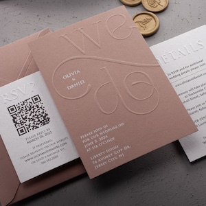 Embossed Brown Wedding Invitation with &quot;We do&quot; Typography and Brown Envelope, Minimal Rustic Embossed Invite