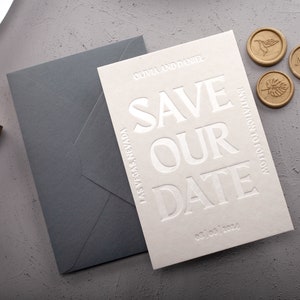 Blind Debossed Minimal Save the Date Card, Letterpress Wedding Announcement Card