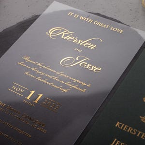 Acrylic Wedding Invitation, Dark Green Invitations, Gold Foil Printed, Lucite Invitation, Green and Gold, Custom Elegant Invites