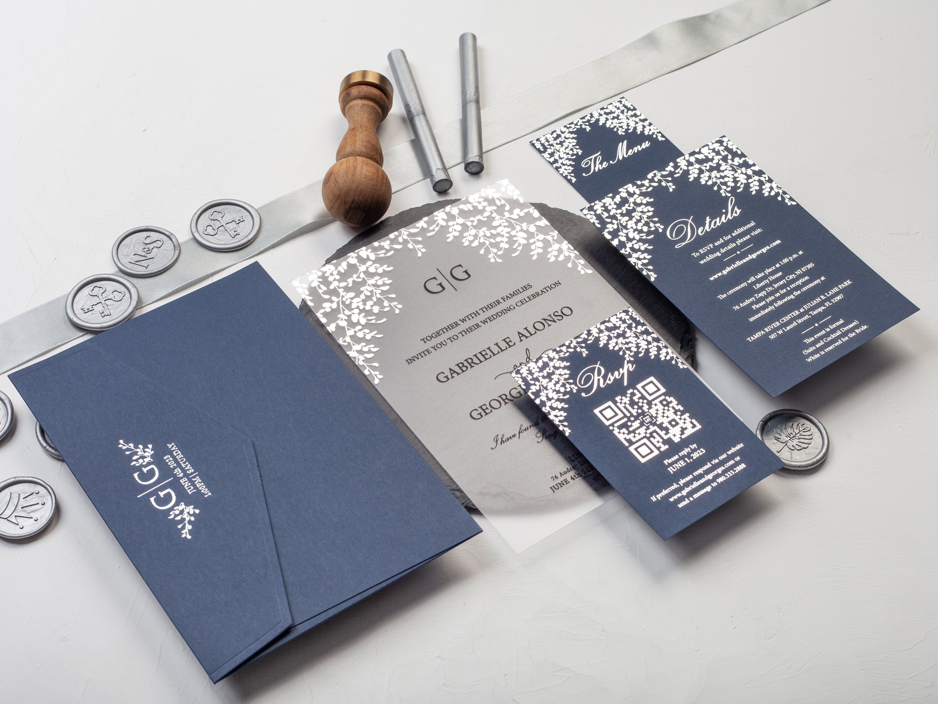 Silver Foil Acrylic Wedding Invitation: Navy Blue Envelope, Elegant Leaves  - Etsy New Zealand, image size:3000x2250