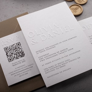 Embossed Minimal Wedding Invitation with Dark Green Envelope, Simple Blind Emboss Invite