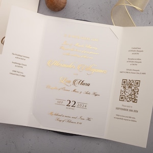 Acrylic Wedding Invitation with Gatefold Jacket, Ivory and Gold Acrylic Invites, Trifold Wedding Invitations, with QR Code RSVP and Details