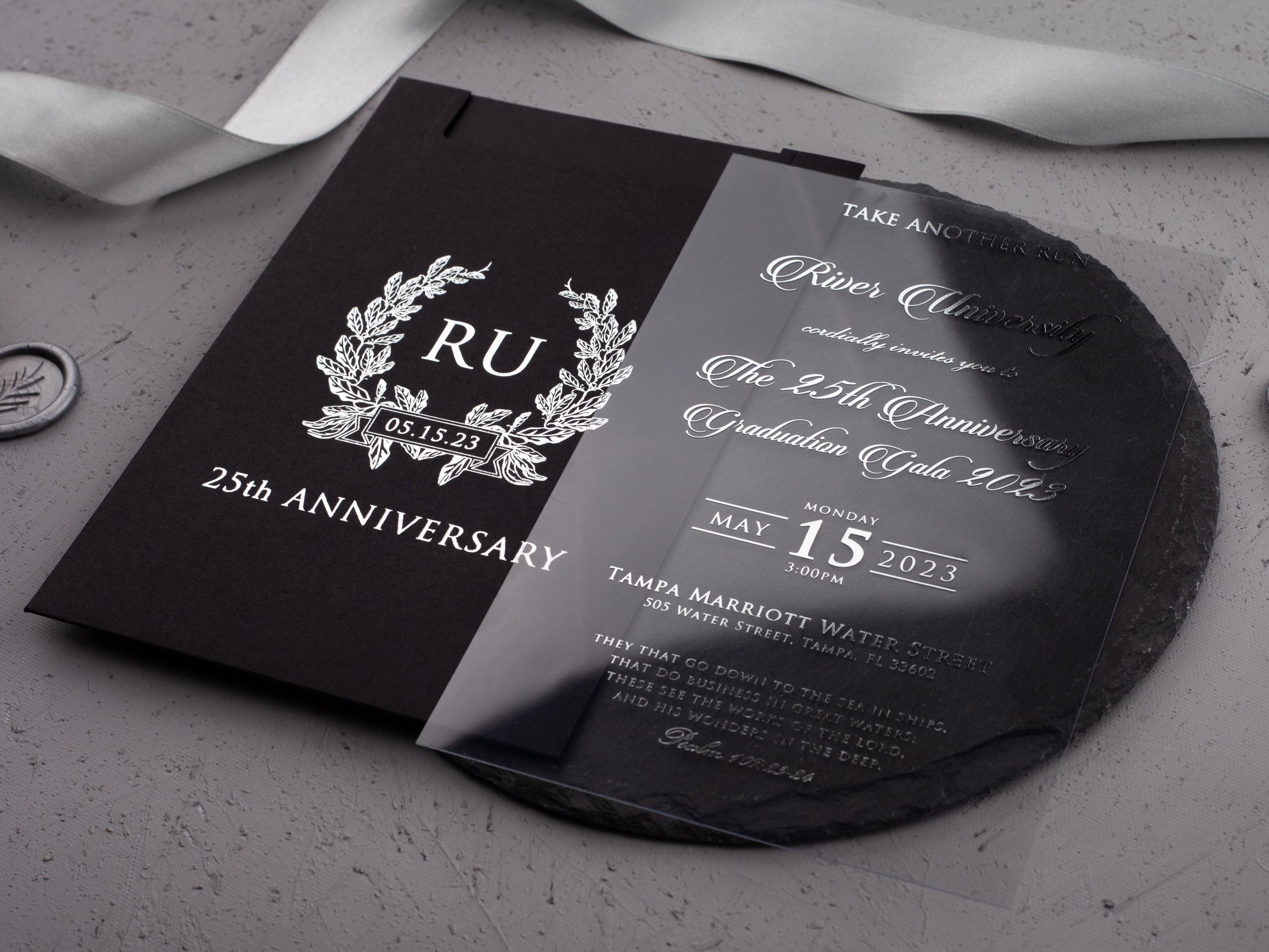Anniversary Invitation, Black and Silver, Silver Foil Printed, Wedding Anniversary, Personalized Invites, Custom Acrylic Gala Invitations