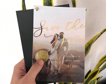 Gold Foiled Acrylic Save the Date with Photo, Personalized Save the Date, Save the Date Card with Envelope, Wedding Save The Date