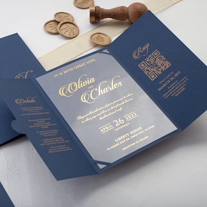 Navy Blue Acrylic QR Code Wedding Invitation | Gold Foil Gate Fold Invite Set | Foldable Invitations with RSVP & Details Cards