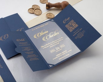 Navy Blue Acrylic Wedding Invitation: Gold Foil Gate Fold, QR Code RSVP