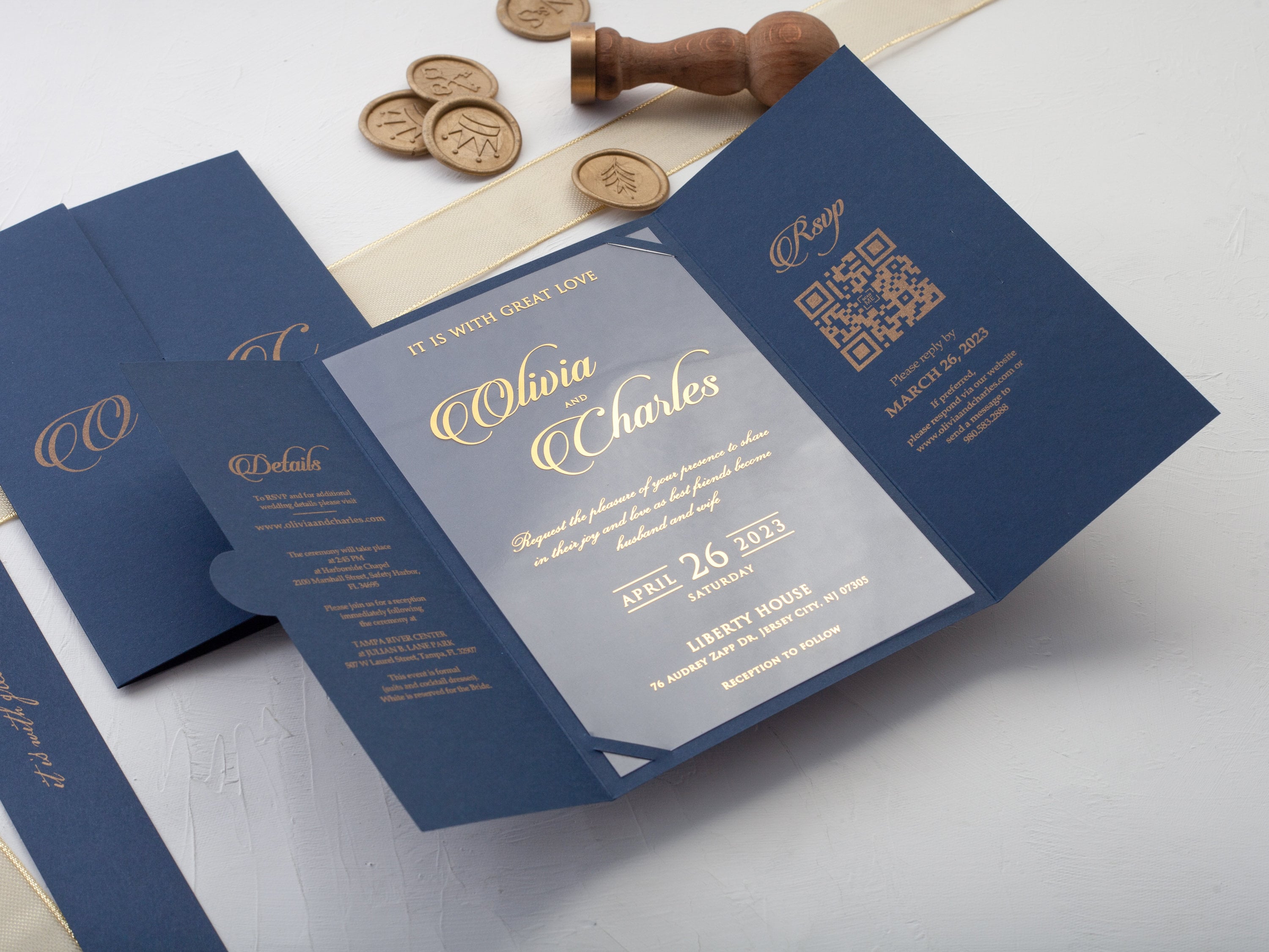 Navy Blue Acrylic Wedding Invitation: Gold Foil Gate Fold, QR Code RSVP