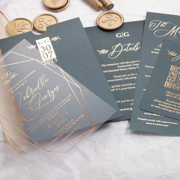 Acrylic Wedding Invitation with Gold Foil, Emerald Green Wedding Suite, Elegant Wedding Invite, Minimalist Hexagon Design, Custom Monogram