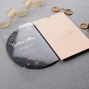 Acrylic Invitation with Rose Gold Foil | Butterfly Quinceañera Invitations | Clear Quinceañera Sweet 16 Custom Elegant Luxury Invite