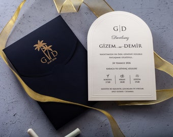 Black and Gold Wedding Invitation, Arch Wedding Invite, Palm Tree Monogram and Embossed Frame, Elegant Black Reception Invitation