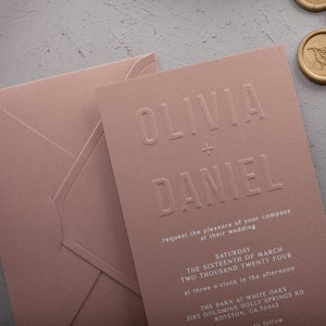 Embossed Brown Wedding Invitation with Brown Envelope, Minimal Rustic Embossed Invite