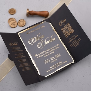 Acrylic Wedding Invitation with QR Code Rsvp and Details, Black Acrylic Invites, Folded Wedding Invitation, Gate Fold and Gold Foil Invite