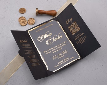 Gold Foil Black Acrylic Wedding Invitation: Gate Fold with QR Code