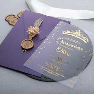 Luxury Acrylic Quinceañera Invitation: Gold Foil, Purple Envelope