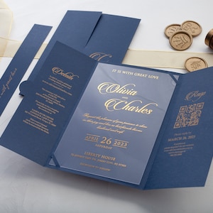 Folded Wedding Invitation, Acrylic Wedding Invitation with QR Code Rsvp and Details, Navy Blue Acrylic Invites, Gate Fold and Foil Invite