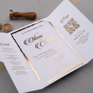 Acrylic Wedding Invitations with QR Code RSVP, Gold Foil, Folded White Invites – Gate Fold Design