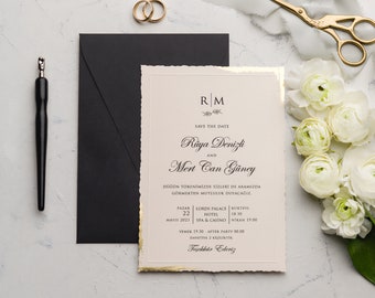 Elegant Wedding Invitation Set | Gold Foil Deckle Edge Invite | Minimalist Black Envelope | Wedding Reception Invitations | Black and Gold