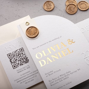 Elegant Half Arch Wedding Invitation, Personalized and Gold Foil and Emboss Printed, Custom Wax Seal