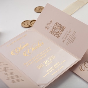 Folded Wedding Invitation, Acrylic Wedding Invitation with QR Code Rsvp and Details, Blush Pink Acrylic Invites, Gate Fold and Foil Invite image 4