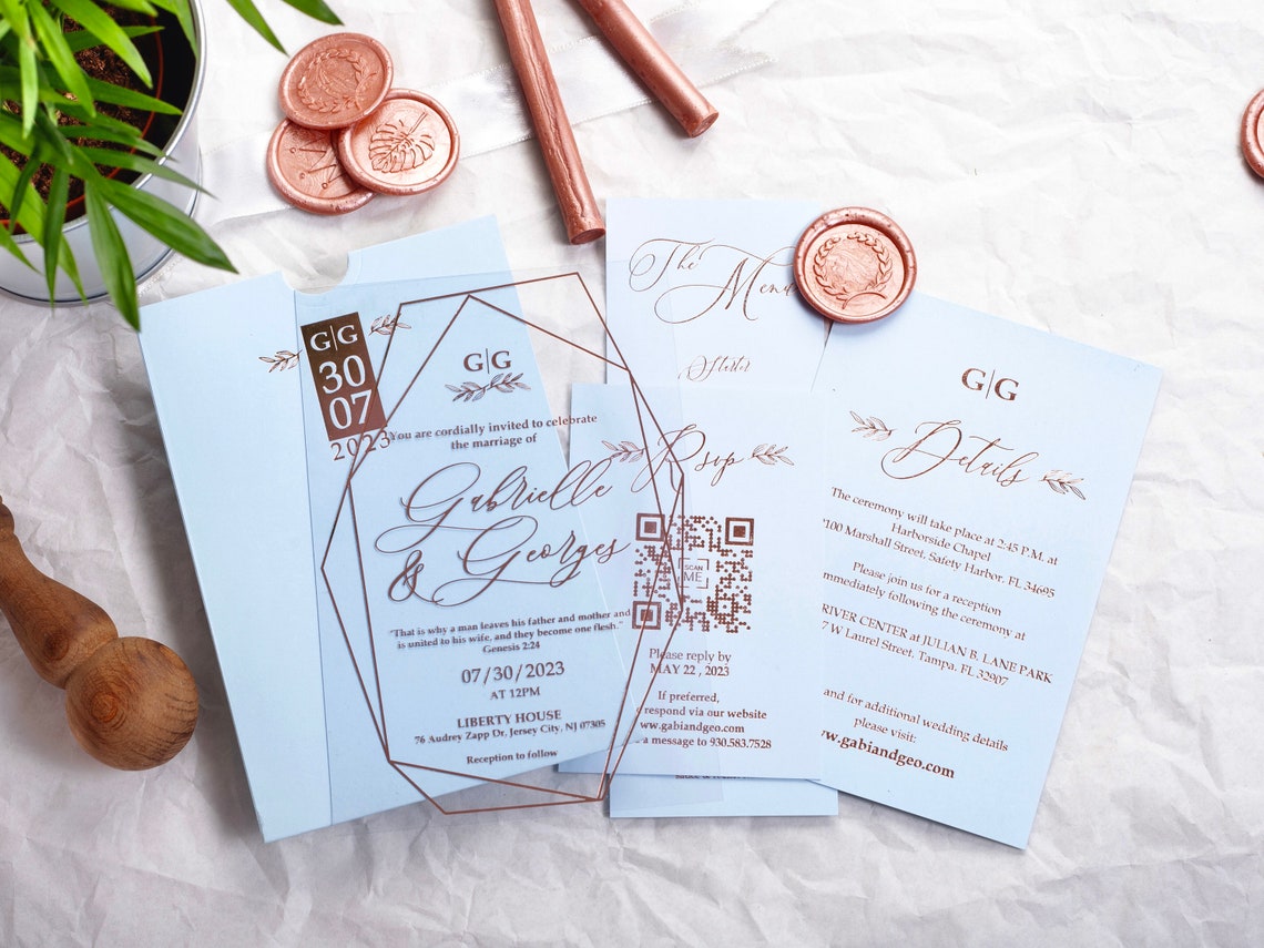 Rose Gold Foil Acrylic Invitation Baby Blue Wedding Suite image 1