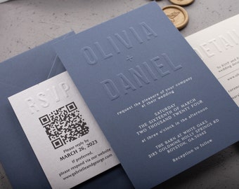 Embossed Dusty Blue Wedding Invitation with Dusty Blue Envelope, Simple Blind Emboss Invite
